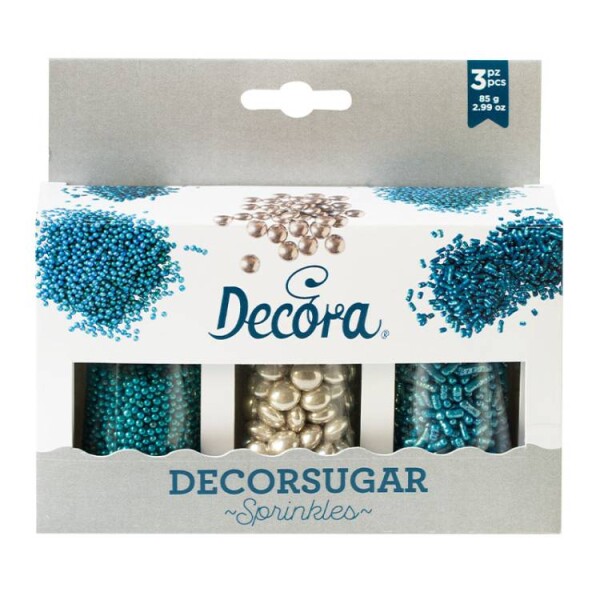 Decora cukrové zdobení modré a čokoládové lentilky stříbrné (85 g)