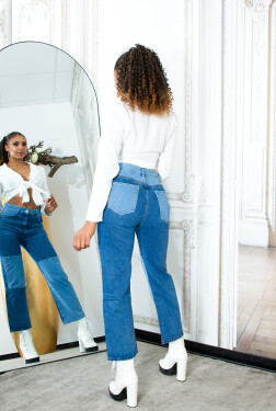 Trendy patchworkový vzhled Boyfriend Jeans denimblue