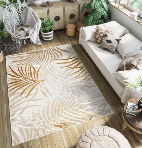 DumDekorace Designový koberec s exotickými listy v béžové GOLDEN Šířka: 120 cm | Délka: 170 cm
