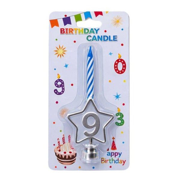 Dortisimo Svíčka modrá s LED stříbrným podstavcem ve tvaru hvězdy číslo 9