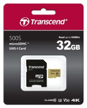 Transcend 500S Micro SDHC 32GB + adaptér / UHS-I / U3 / V30 / R: 95MBs / W: 60MBs (TS32GUSD500S)