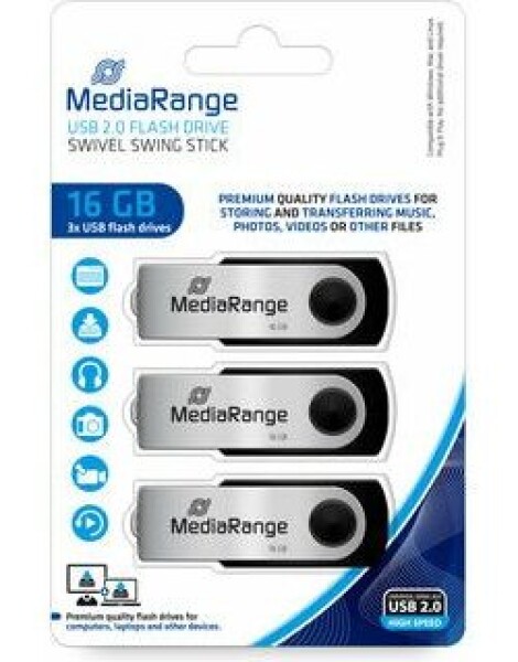 MediaRange MR910-3 USB-Stick 16GB stříbrná / USB 2.0 Type A / Rychlost čtení 17 MB/s / Rychlost zápisu 6 MB/s / Hliník (MR910-3)