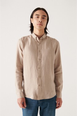 Avva Men&#39;s Mink Button Collar Comfort Fit Relaxed Cut 100% Linen Shirt