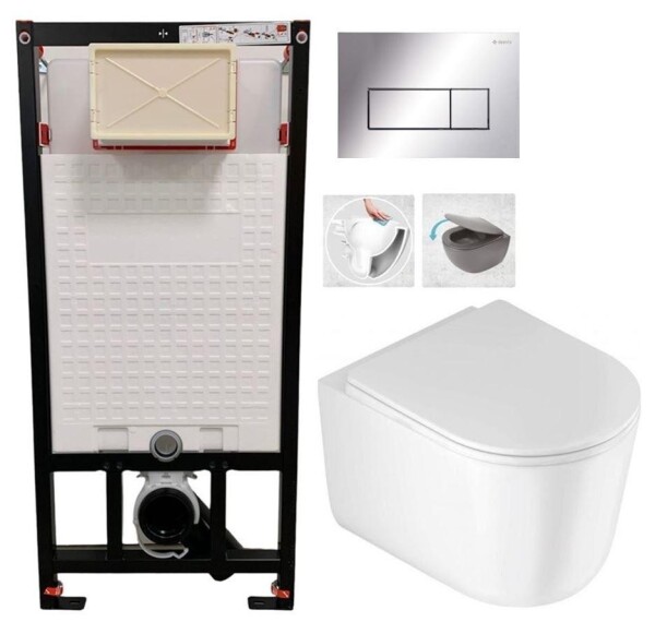 DEANTE Podomítkový rám, pro závěsné WC mísy + SLIM tlačítko chrom + WC DEANTE Jasmin se sedátkem RIMLESS /VÍROVÉ SPLACH/ CST_WC01 051P JA1