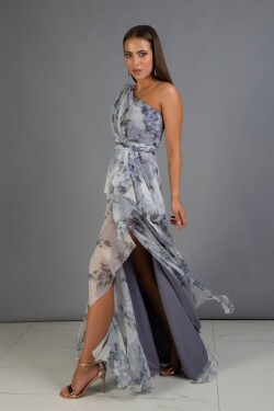 Carmen Indigo Printed Single Sleeve Slit Long Evening Dress