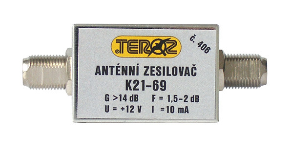 Anténní zesilovač TEROZ 406X, nízkošumový, UHF, G14dB, F1,5dB, U98dBμV, F-F