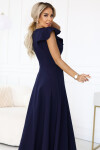 660-1 Elegantní maxi šaty s volánky, hlubokým výstřihem a rozparkem na nohou - tmavě modré XL