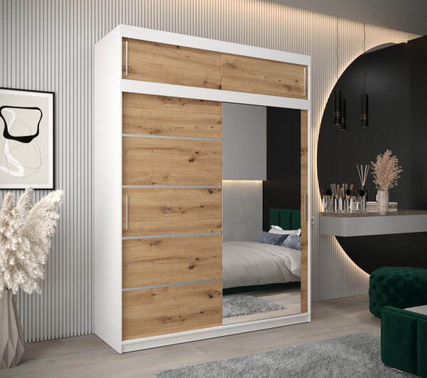 Šatní skříň Abi V2 s nástavcem Barva korpusu: Bílá, Rozměry: 180 cm, Dveře: Dub artisan
