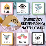 Jmenovky na oblečení NAŽEHLOVACÍ štítky SUPERHRDINKA 22x22mm (42ks), mnoho motivů a barev