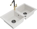 MEXEN/S - Mario granitový dřez 2-bowl včetně baterie Flora, bílá 6504-20-670401-57-B
