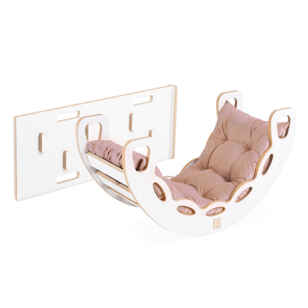 PLUSH NEST PLUSH NEST Dřevěné houpátko Mini 4v1 s lezeckou stěnou a skluzavkou a polštářem (béžový/zlatý samet), bílé dřevo