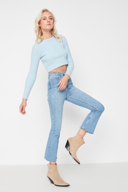 Trendyol Modré džíny s vysokým pasem cut-off crop flare