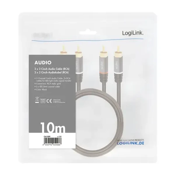 LogiLink audio kabel 2x RCA(M) - 2x RCA(M) 10 m černá / Audio kabel / Pozlacené konektory / Stíněný (CA1209)
