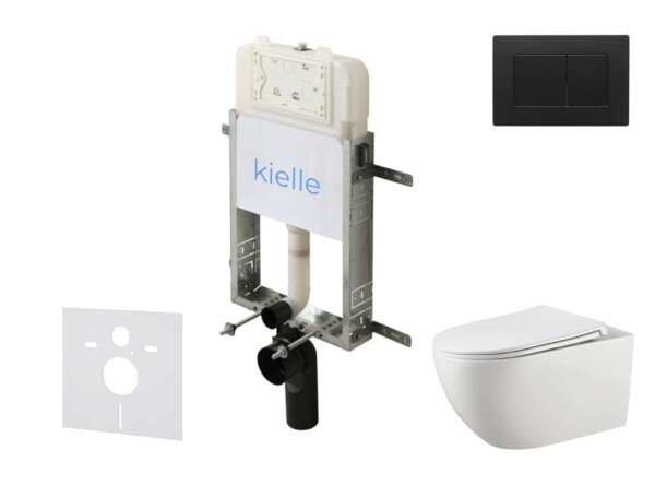 Kielle - Genesis New Set předstěnové instalace, klozetu Gaia, Rimless, sedátka softclose a tlačítka Gemini New III, matná černá 30528SZ18