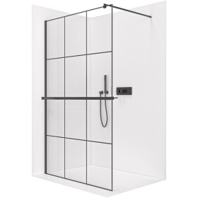 CERANO Sprchová zástěna Walk-in Onyx Round L/P - 8 mm + polička/držák na ručníky - kulatá vzpěra - černá matná, industriální sklo - 140x200 cm