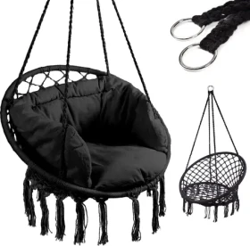KIK Závěsné houpací křeslo LUARO černé / s polštářem / nosnost do 150 kg / průměr sedáku 62 cm (KX7630_1)