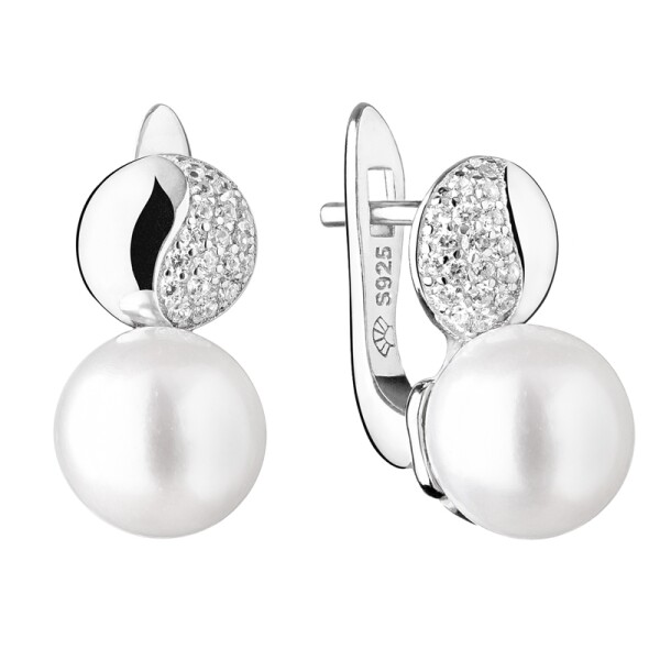 Stříbrné náušnice s řiční perlou a zirkony Becky, stříbro 925/1000, Bílá