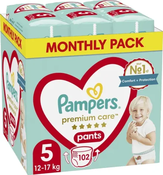 Pampers Pants Premium Care 12-17 kg (102ks) / Plenkové kalhotky / Velikost 5 (12-17 kg) (8006540490976)