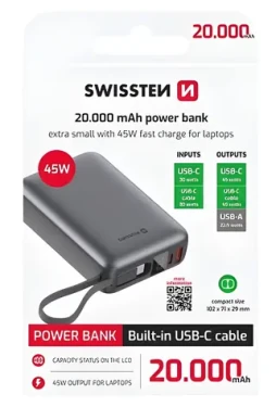 Swissten Space 20000 mAh stříbrná / Power Bank / 45W / integrovaný USB-C kabel