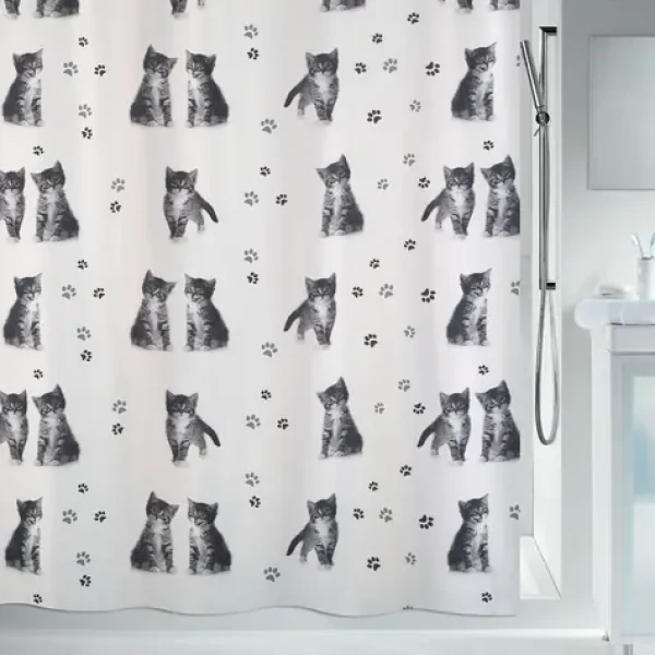 Spirella KITTY Paw bílý / Sprchový závěs / motiv kočky / 180 x 200 cm / polyester