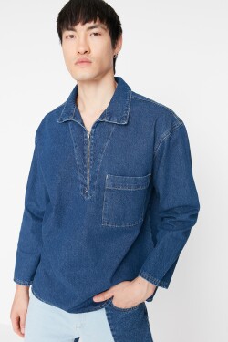 Trendyol námořnicky modrá pánská oversized džínová košile na zip