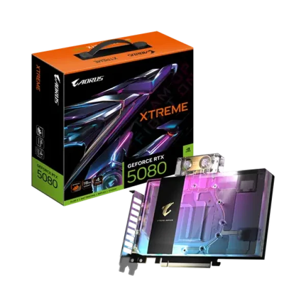 GIGABYTE AORUS GeForce RTX 5080 XTREME WATERFORCE WB 16GB / 2805MHz / 16GB GDDR7 / 256-bit / 1x HDMI + 3x DP / 850W (16) (GV-N5080AORUSX WB-16GD)