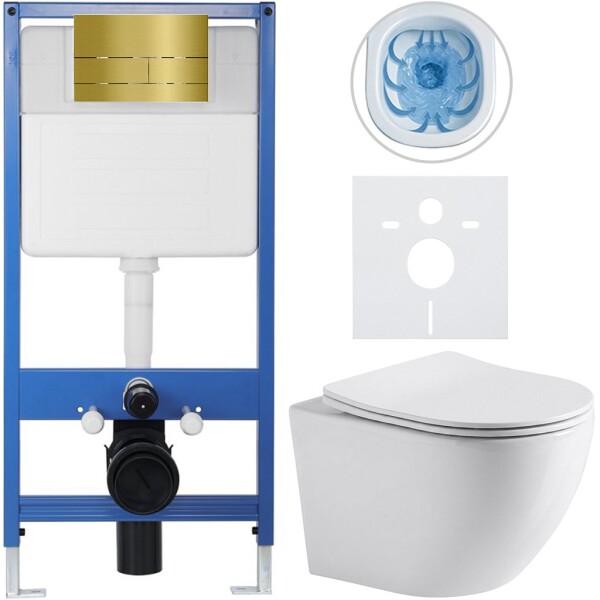 CERANO Kompletní podomítkový WC set Lite/Cesso - bílá lesklá - WC tlačítko Line, zlatá - předstěnová instalace - 49x36 cm