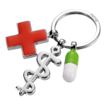 TROIKA klíčenka - červený kříž, pilulka, Aeskulapova hůl \"Get well\", kovová, mix barev
