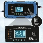 Qoltec Nabíječka autobaterií 12V 15A / Nabíječka / AGM/GEL/LiFePO4 / 9-stupňové nabíjení / funkce obnovy baterie (52666)