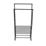 Stojan na šaty dvouramenný se třemi policemi, černá barva, kov / plast, chrom