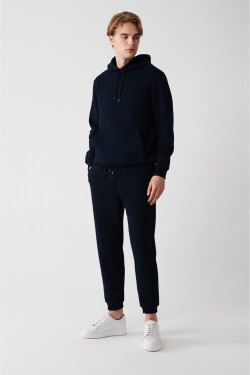 Avva Men's Navy Blue Sweatpants Thread Waist Laced Elastic Cuff Regular Fit