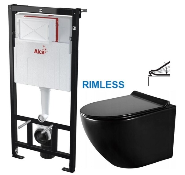 ALCA Předstěnový instalační systém bez tlačítka + WC MEXEN LENA ČERNÁ Rimless + SEDÁTKO AM101/1120 X ME01