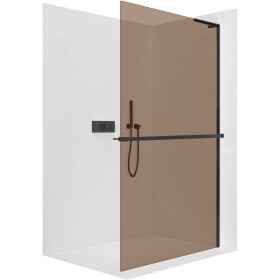 CERANO Sprchová zástěna Walk-in Onyx L-pravá vzpěra - 8 mm + polička/držák na ručníky - černá matná, bronzové sklo - 120x200 cm
