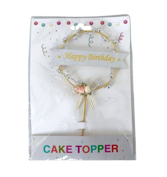 Dortisimo Zápich do dortu zlatý Happy Birthday se stříbrnými korálky