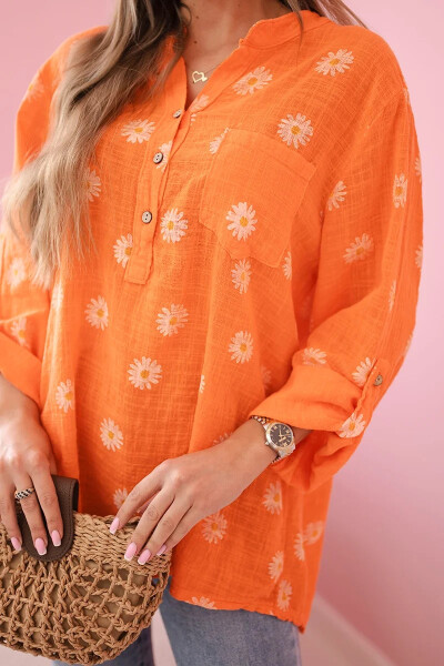 Lněná dámská halenka s květinovým vzorem, dlouhými rukávy a knoflíky Oranžová UNI