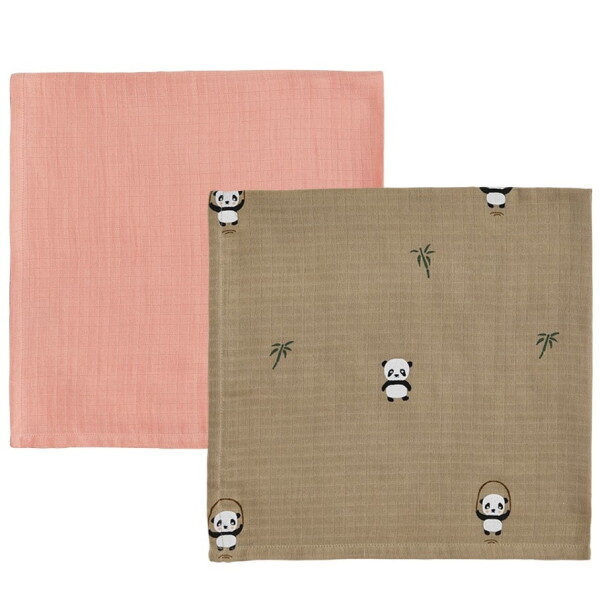 OYOY Mušelínová plena Panda Khaki/Rose – set 2 ks, růžová barva, hnědá barva, textil