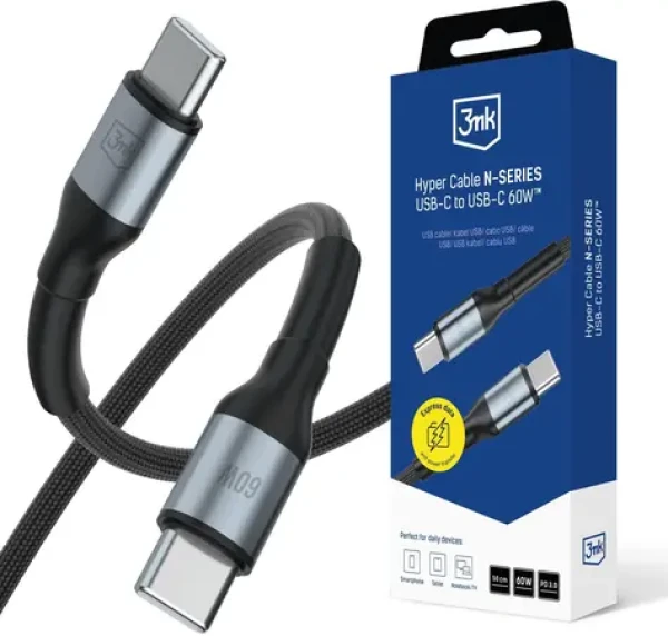 3mk Hyper Cable N-SERIES 0,5 m černá / Datový kabel / USB-C na USB-C / 60W Power Delivery / nylonový oplet