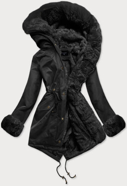 Černá dámská zimní bunda parka mechovitým kožíškem (BR529-101) odcienie czerni