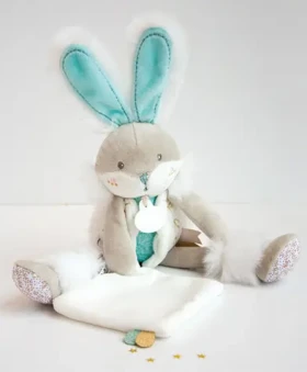 Doudou Dárková sada - Plyšový zajíček s dečkou 31 cm tyrkysový