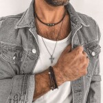 Pánský náramek Lewis - chirurgická ocel, přírodní kůže, Hnědá 20,5 cm - 21,5 cm (nastavitelná)