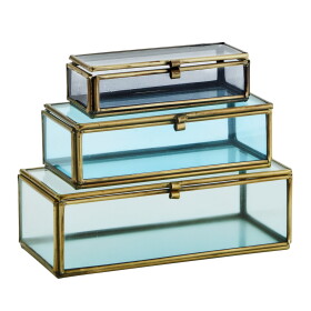 MADAM STOLTZ Skleněný box Grey/Turquoise/Seagreen - set 3 ks, modrá barva, zelená barva, šedá barva, měděná barva, sklo, kov