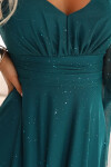 655-2 Dlouhé lehké třpytivé šaty s výstřihem a průhlednými rukávy - smaragdově zelené UNI