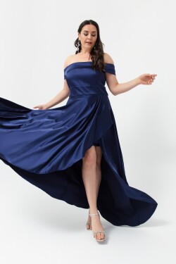 Lafaba Women's Navy Blue Boat Neck Plus Size Satin Evening Dress Prom Dress
