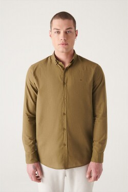 Avva Men's Khaki 100% Cotton Thin Soft Touch Buttoned Collar Long Sleeve Regular Fit Shirt