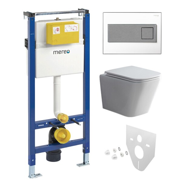 Mereo WC set - Smart flush rimless WC hranaté, modul pro sádrokarton, hranaté tlačítko bílá/chrom MM02NSETRT330