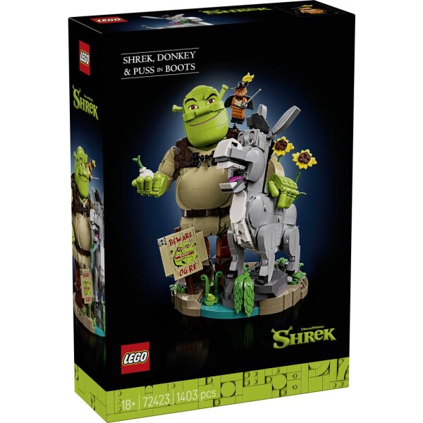 72423 LEGO® ICONS™ Shrek, osli a gest Kater; stavebnice s 3 pohyblivými figurkami; zapamatování na film