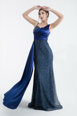 Lafaba Women's Navy Blue Thin Strappy Stone Long Evening Dress