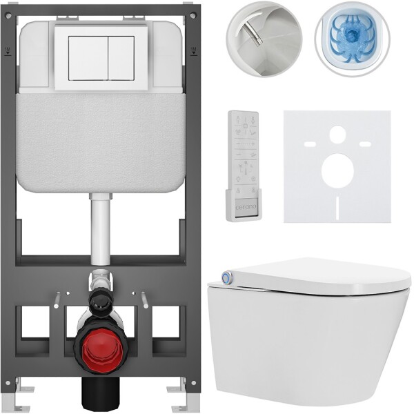 CERANO Závěsné WC s bidetem Basic/Cronus Premium - bílá lesklá - WC tlačítko Maxio/Bílá - volně stojící - předstěnová instalace - 59,3x38,4 cm
