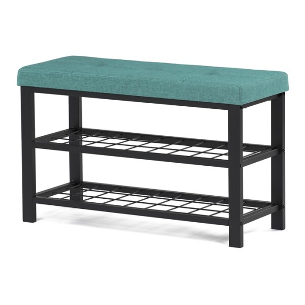 Botník 2 police, potah zelená látka, kov - černý matný lak