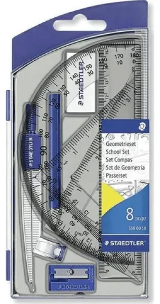 STAEDTLER Geometrická sada / 8 dílů / kružítko / úhloměr / pravítko 15 cm (550 60 S8)